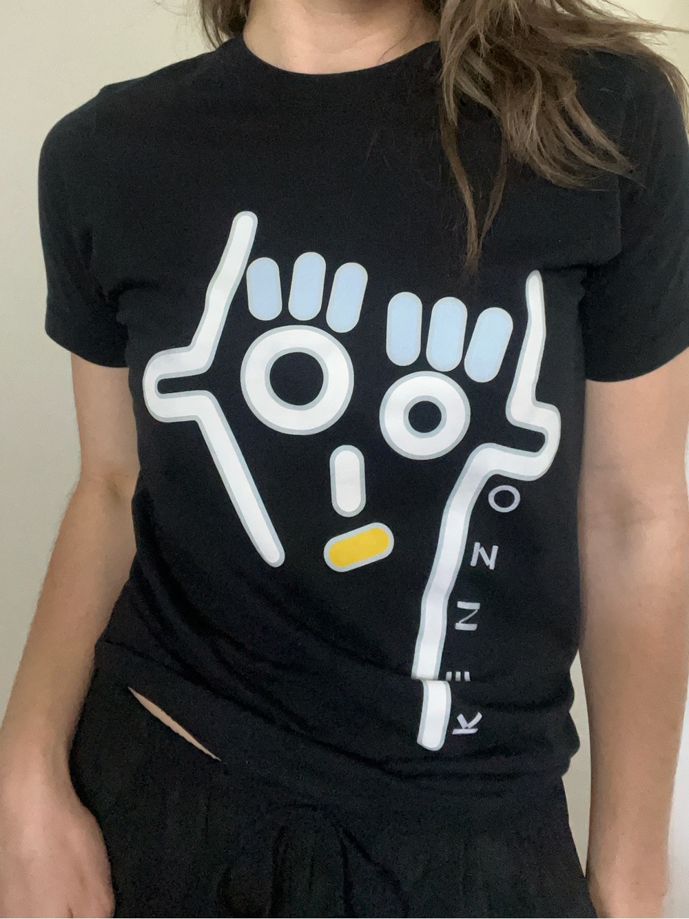 Kenzo Black Short Sleeve Graphic Tee with White and Yellow Face Motif